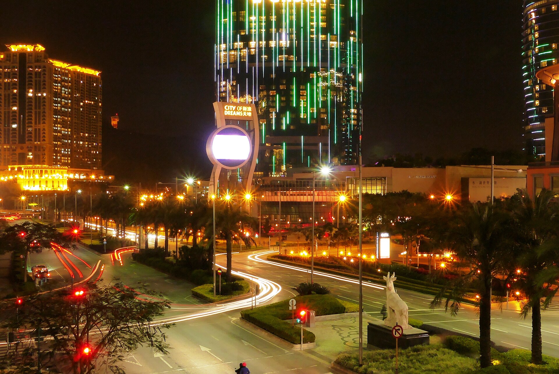 Hotels and illuminated streets along the Cotai Strip at night